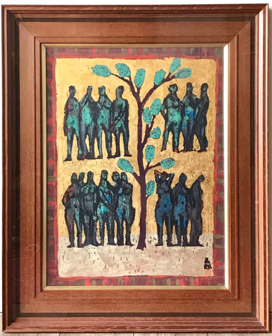 真作　上野泰郎　油絵　油彩画　木の下の人々　金地　キリスト教　額装　サイン入り