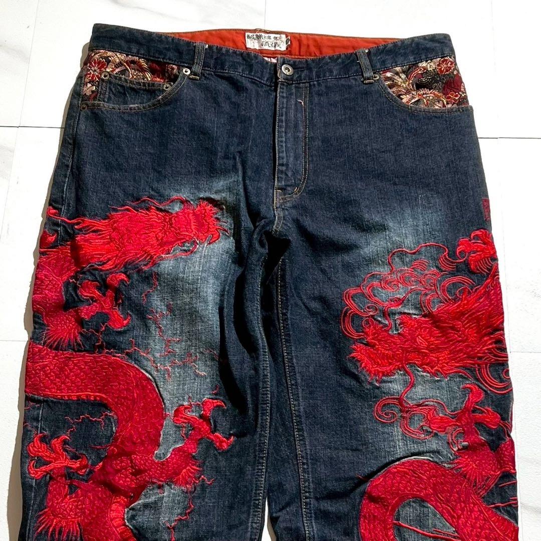 【美品✨希少】絡繰魂 流儀 デニムパンツ 2XLサイズ 龍 和柄 刺繍 ブルー