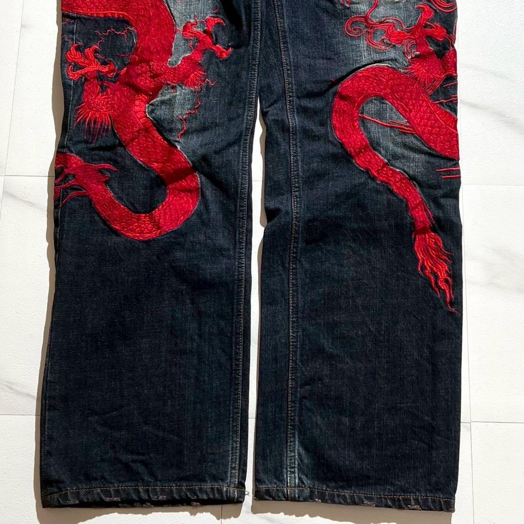 【美品✨希少】絡繰魂 流儀 デニムパンツ 2XLサイズ 龍 和柄 刺繍 ブルー