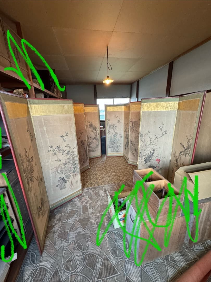 江戸後期 ~ 明治初期 六曲屏風 二点セット 鳥花図 美品 アンティーク