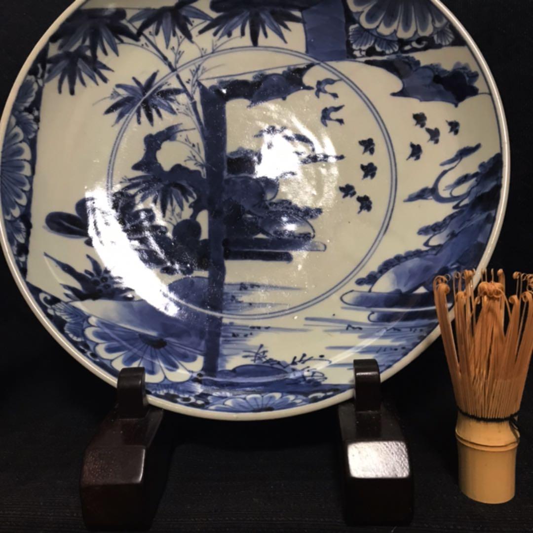 江戸中期 古伊万里「松竹梅図染付大皿」本物保証