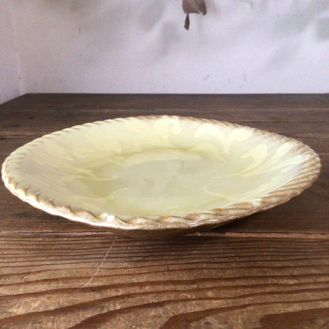 No3842 船木伸児　淡黄釉楕円鉢　共箱　布志名舩木窯　島根県　民藝　送料無料