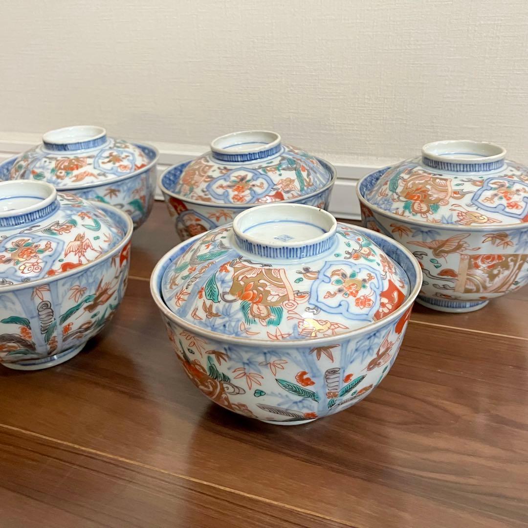 古伊万里　蓋物　五客セット　色絵　茶碗