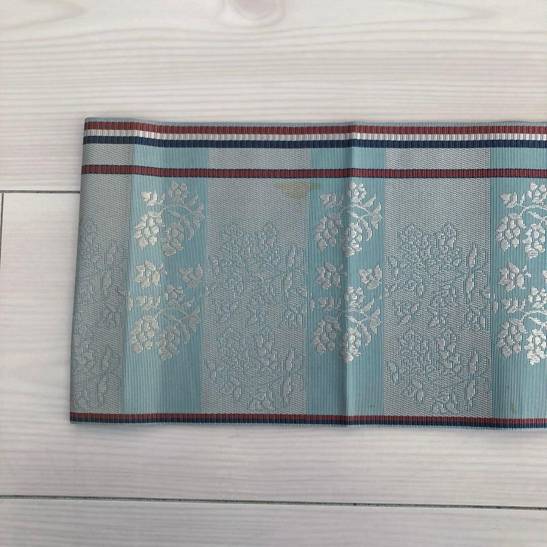 本場筑前博多織　半幅帯　ブルーグレー　織り出し花模様・縞模様　正絹　No2.22