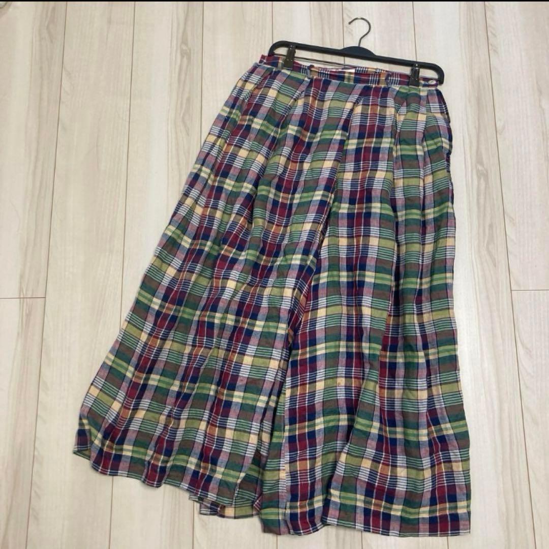 45R チェック柄　リネンタックワイドパンツ　ロングキュロット　サイズ2