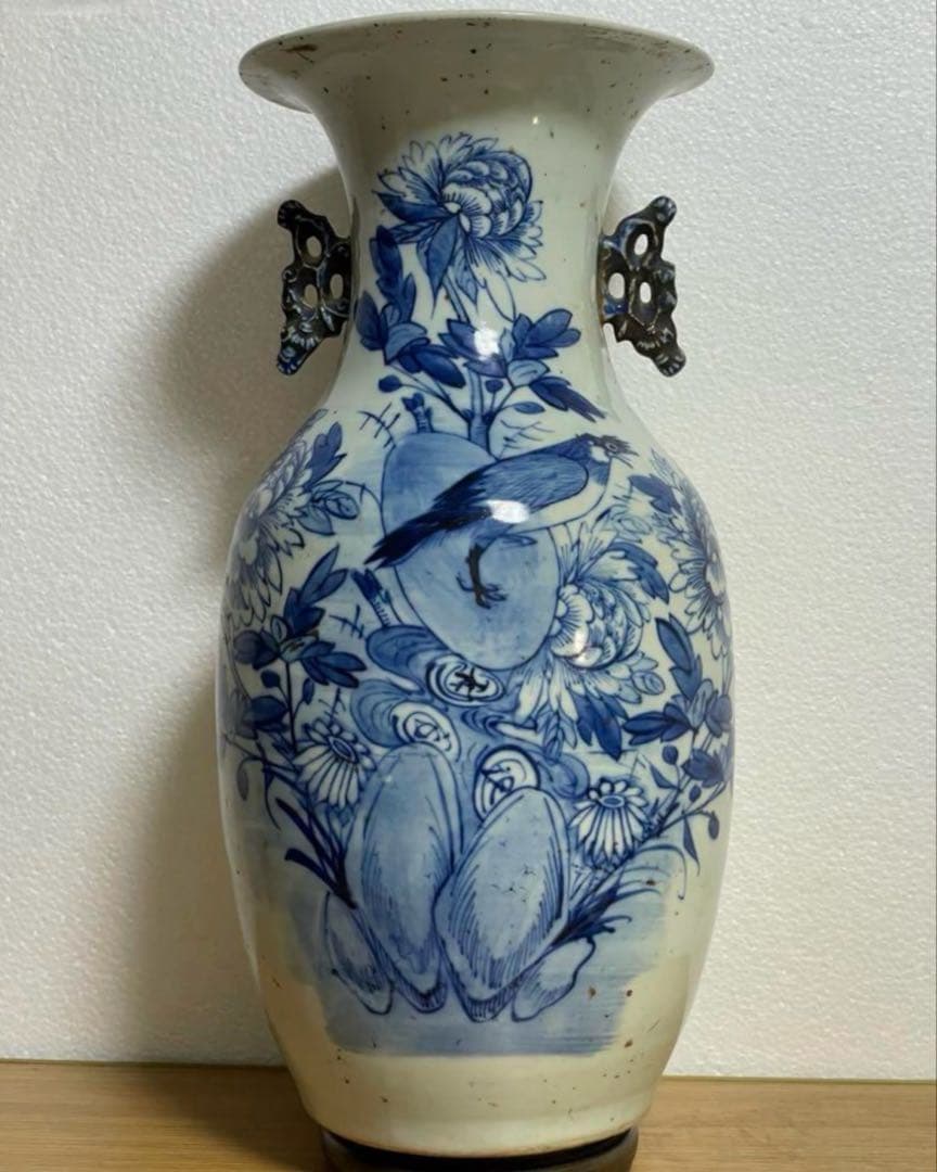 清時代 青花花鳥紋双耳瓶 中国骨董品。