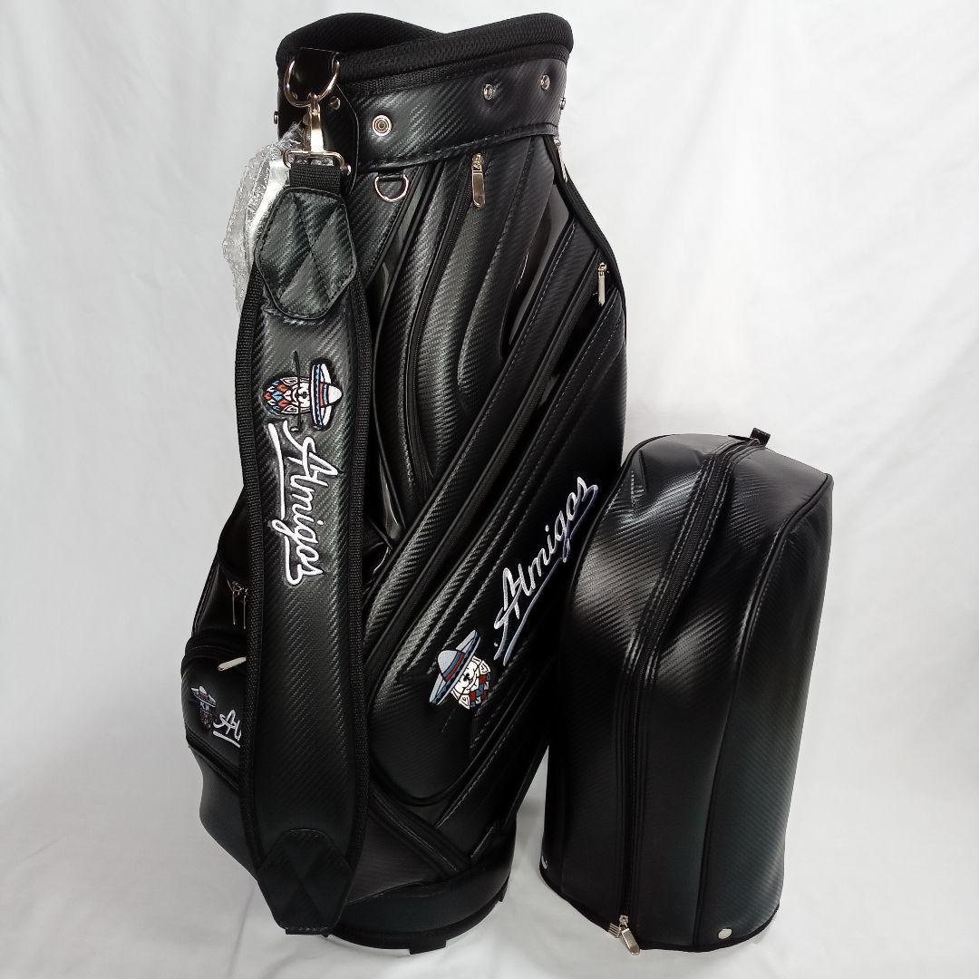 ブラック キャディバッグ テンガロンハット刺繍ロゴ付き 堅牢PU製