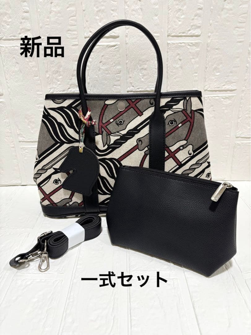 【新品】ブラック馬柄キャンバス生地2wayハンドショルダーバッグ中
