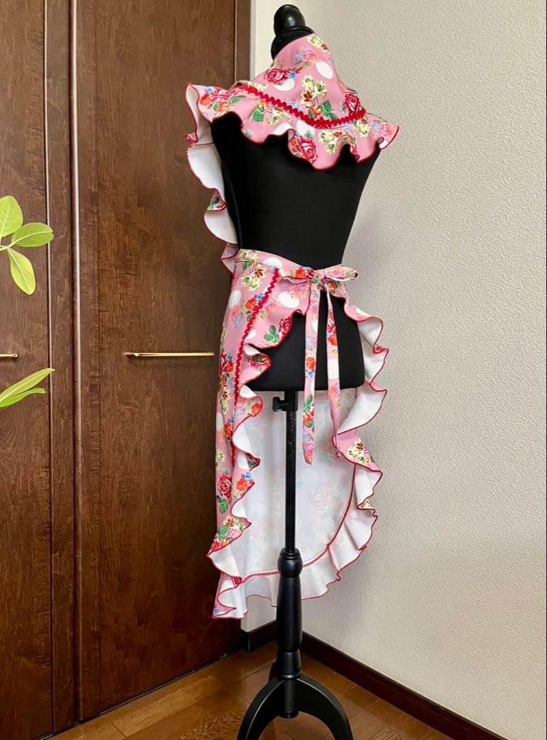 フラメンコ エプロンセット ロング丈 ピンク花柄白ドット