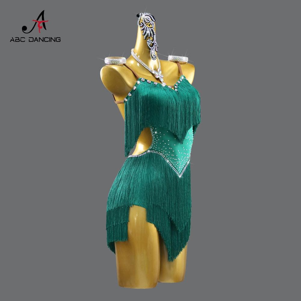 社交ダンス衣装ラテンドレスグリーンキラキラフリンジ競技会デモ