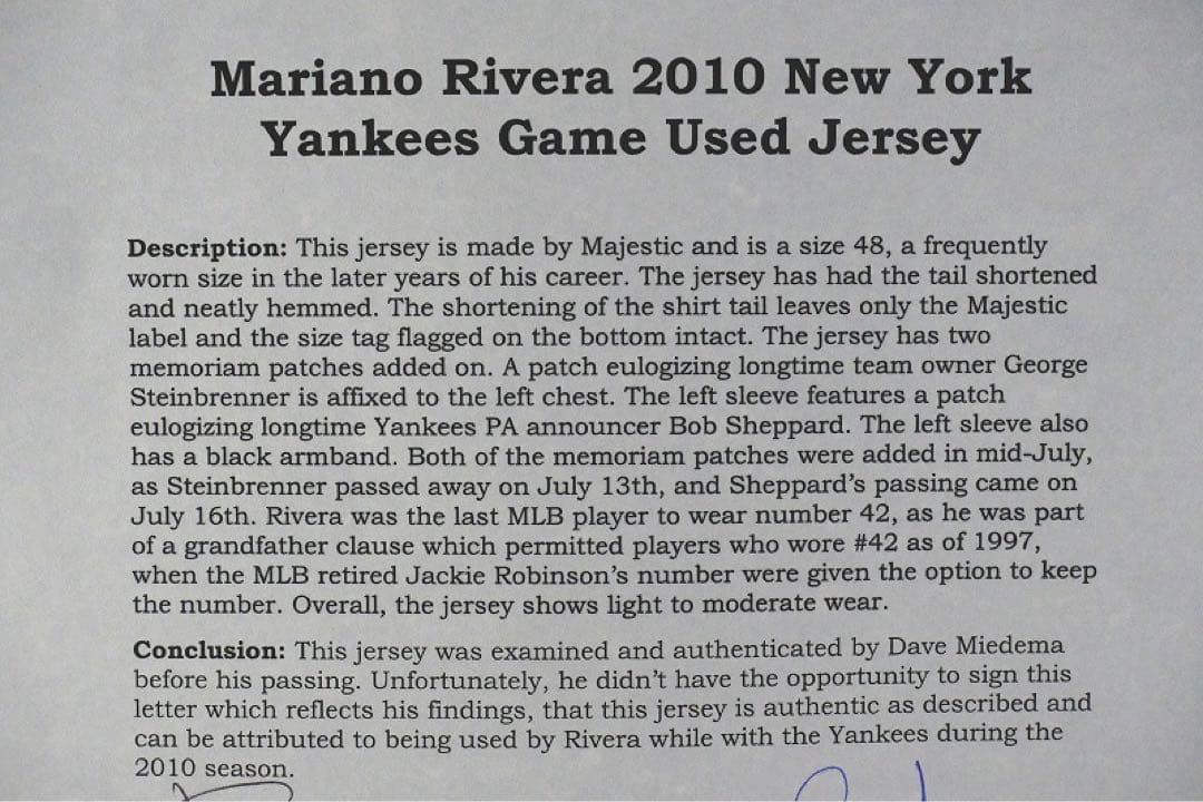 マリアノ・リベラ 2010年実使用ジャージ（ユニフォーム）直筆サインなし