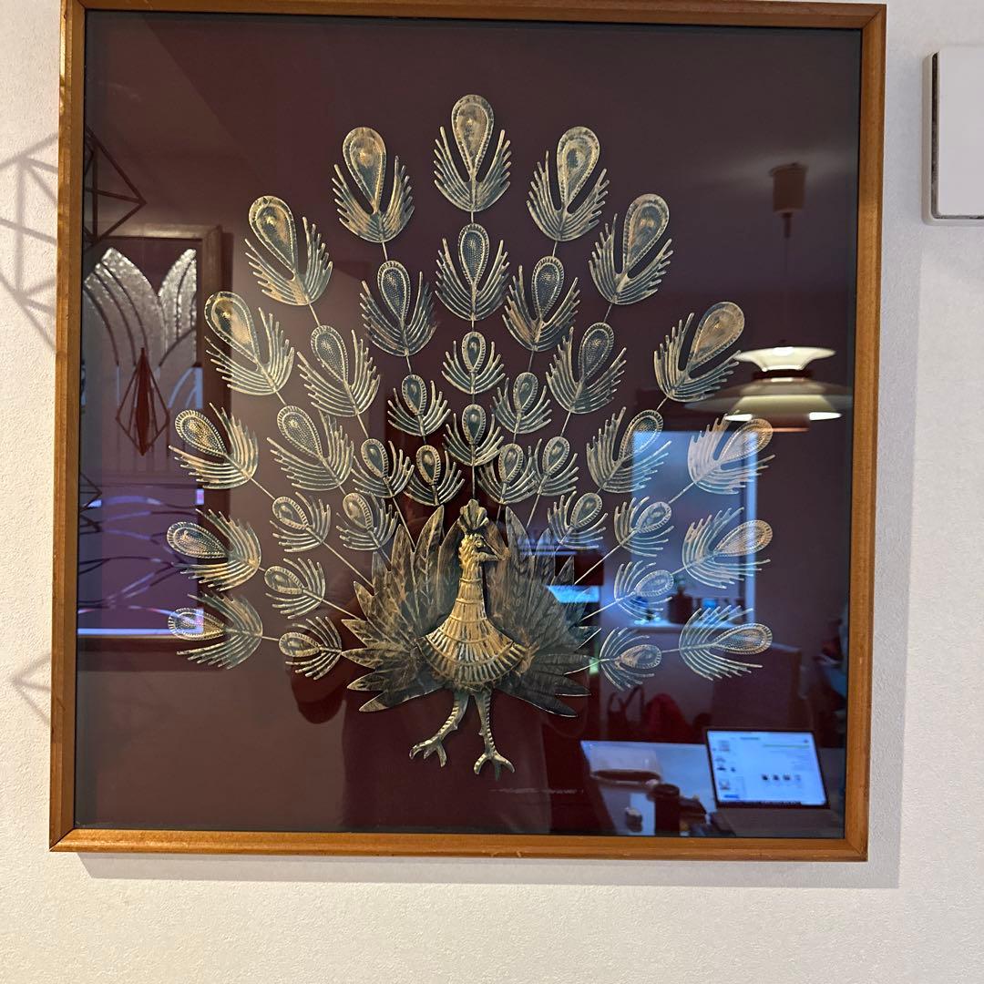 貴重　イタリア製　ビンテージ　孔雀アート作品 木製フレーム　ミッドセンチュリー