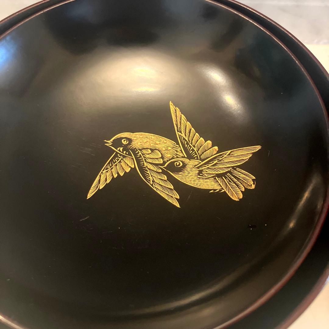 アンティーク大正時代　金彩のスズメや上品な竹が美し過ぎる木製輪島漆塗りお椀2客