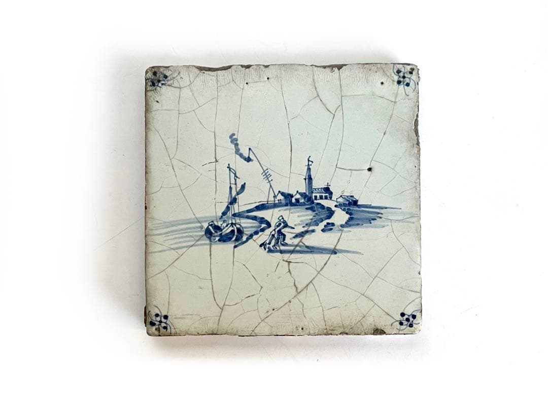 骨董　アンティーク　デルフトタイル　染付　人物文　港　船　17世紀　オランダ