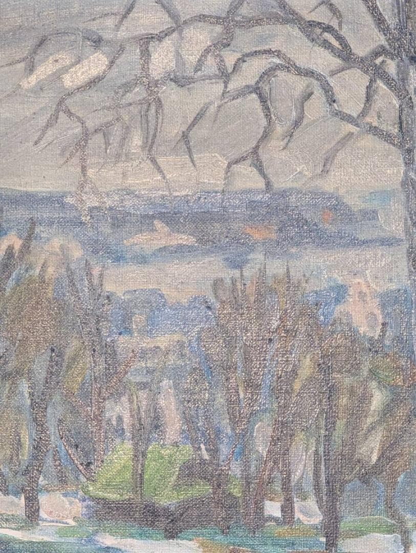 【真作】絵画　油彩4号　初冬の公園から　静けさの中に奥行きを感じる冬景色　Z95