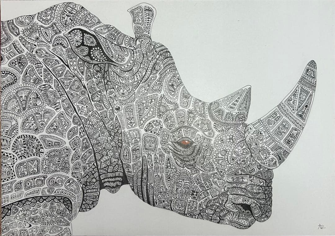 サイ　動物ペン画No.13