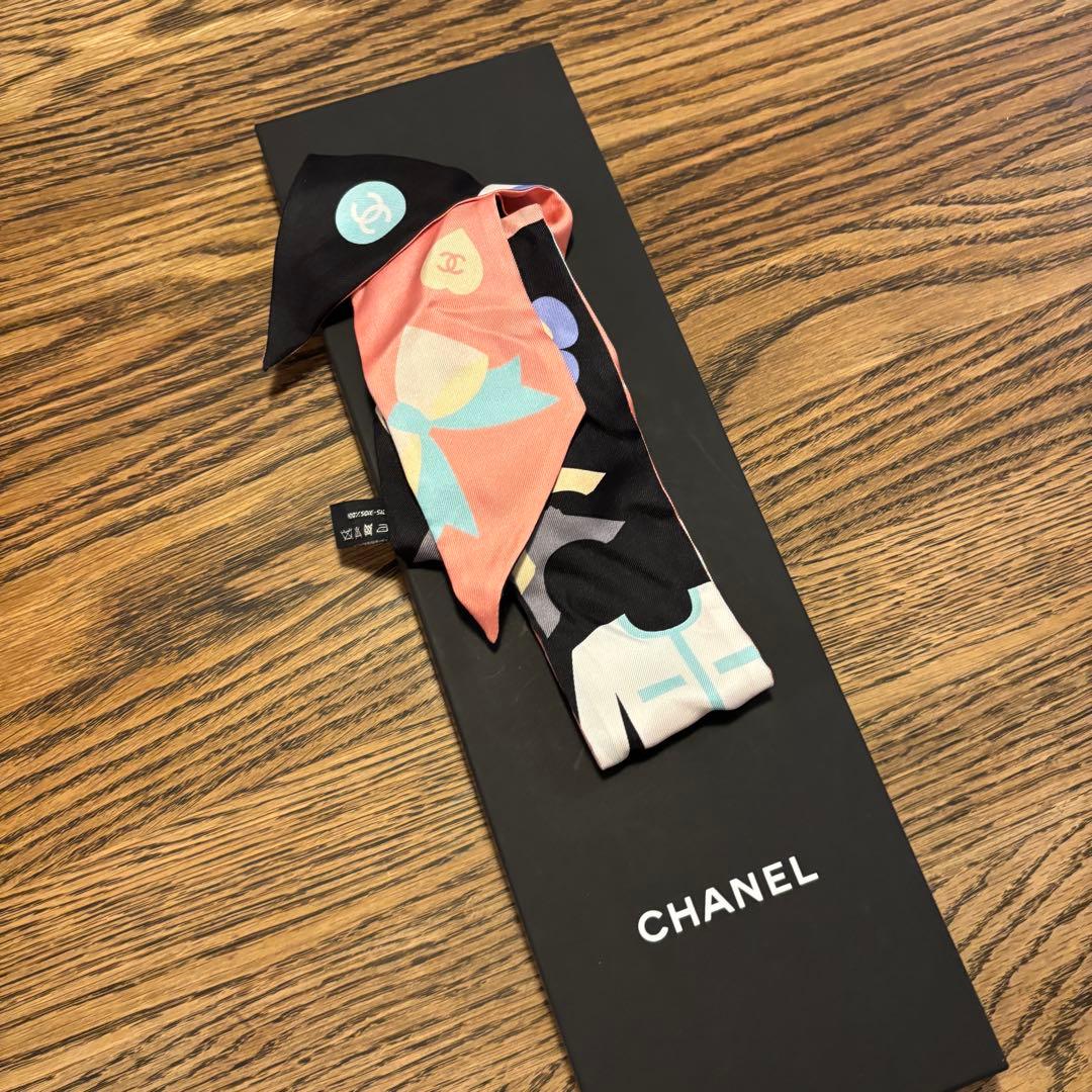 シャネル ココマーク アイコン 20B スカーフ シルク ブラック×ピンク