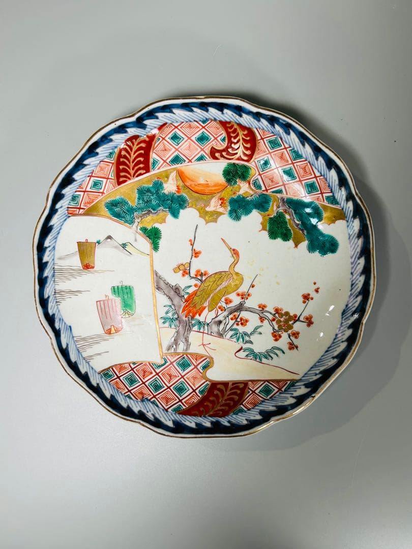 古伊万里　色絵　金襴手　松竹梅　鶴　輪花　七寸皿　5枚　21.5㎝　窓絵　帆舟