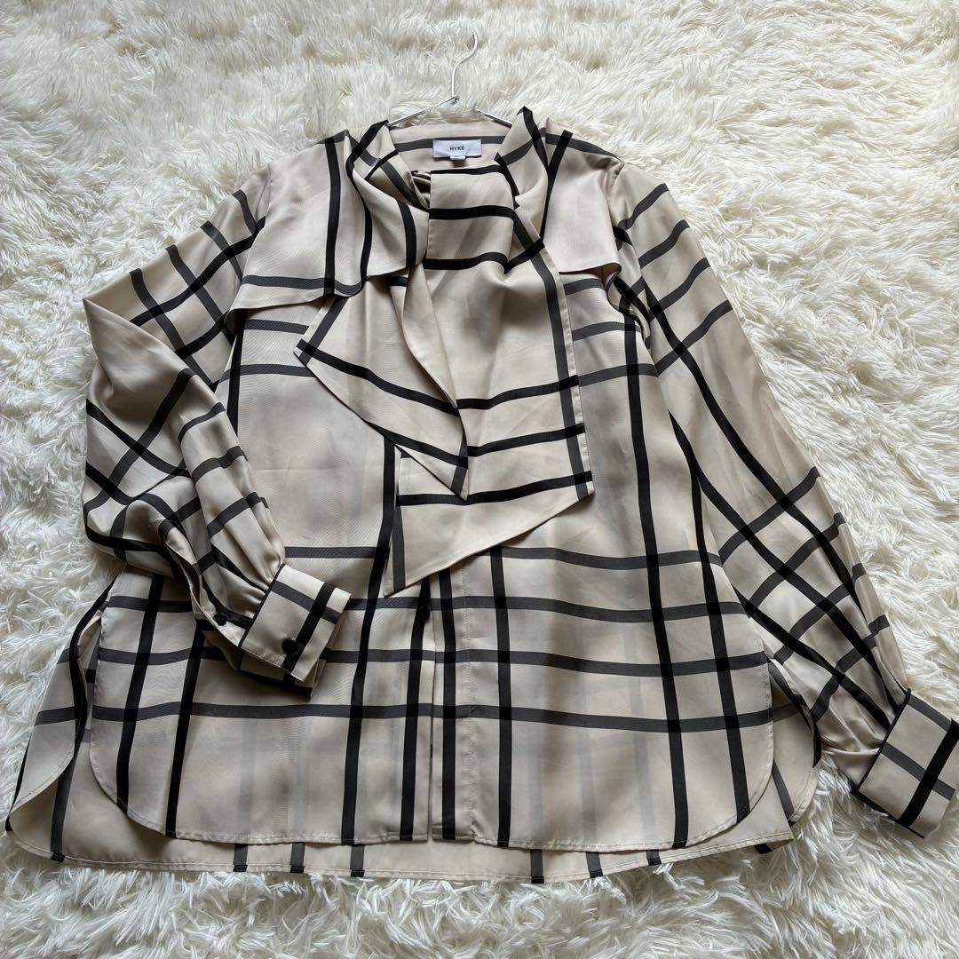 美品✨HYKE ハイク ボウタイブラウス サイズ2 ベージュ チェック柄