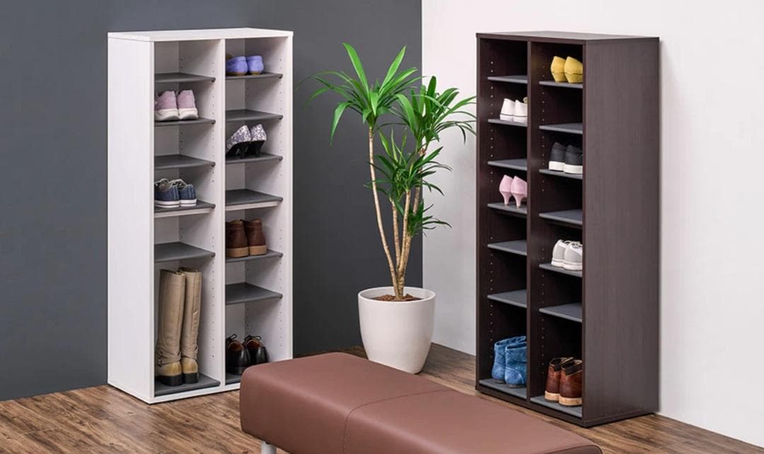 樹脂棚付き 木製シューズラック 2列タイプ（最大16足収納）