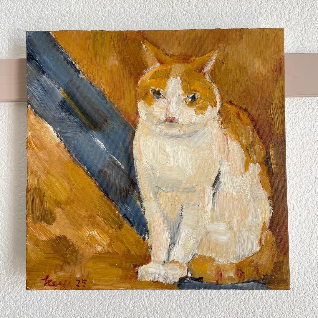 《静かに座る猫》原画｜油彩・キャンバス｜20×20cm｜2025｜一点物