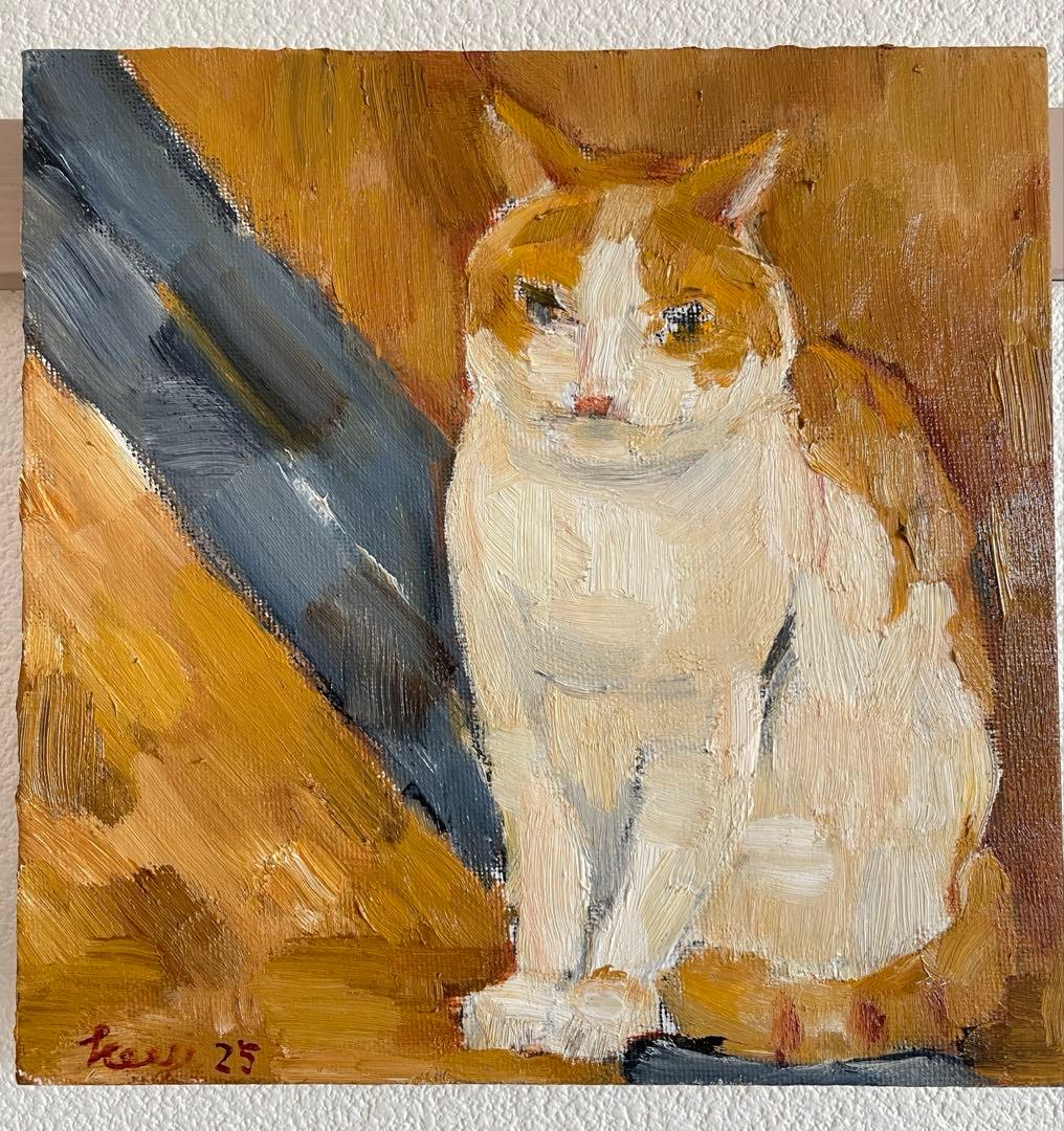 《静かに座る猫》原画｜油彩・キャンバス｜20×20cm｜2025｜一点物