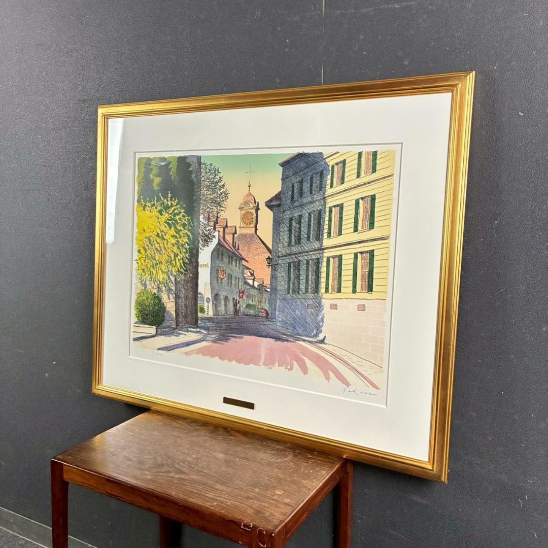 美品 中根寛「街の入口（ムルテン）」リトグラフ 直筆サイン入り 画廊シール有