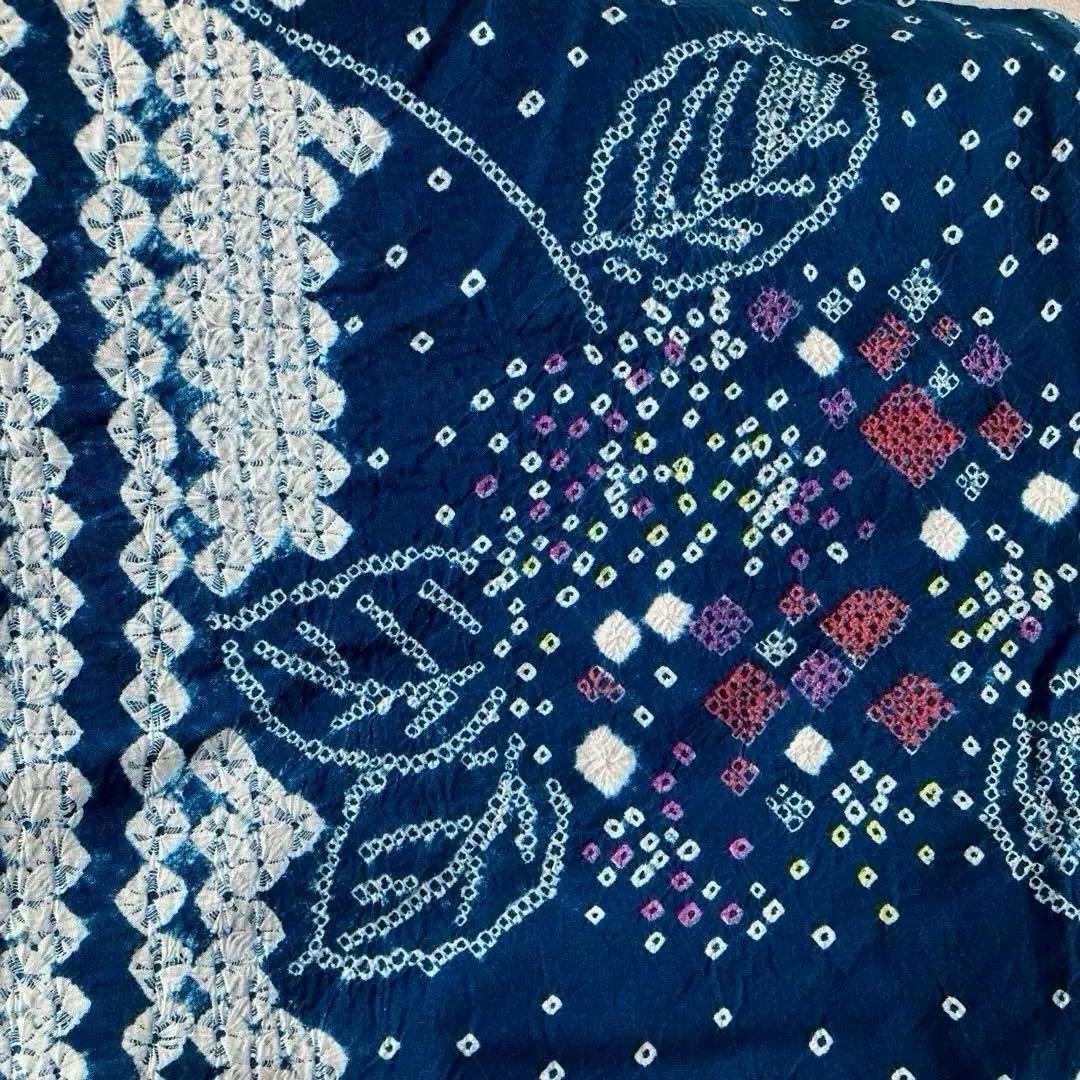 有松絞り浴衣・蜘蛛絞り　青緑　紫陽花　手縫い　絞り浴衣　裄70cm No7-15