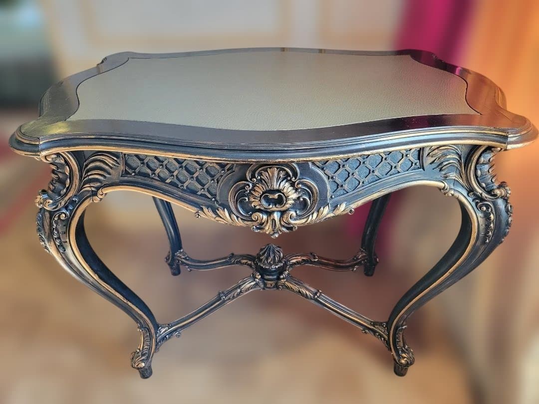 テーブル　フランス　アンティーク　ロココ様式　木製　猫脚　黒　金　レザートップ