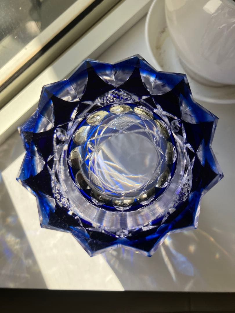 昭和レトロ◆江戸切子◆花器 花瓶◆昭和後期◆青被せ カットガラス