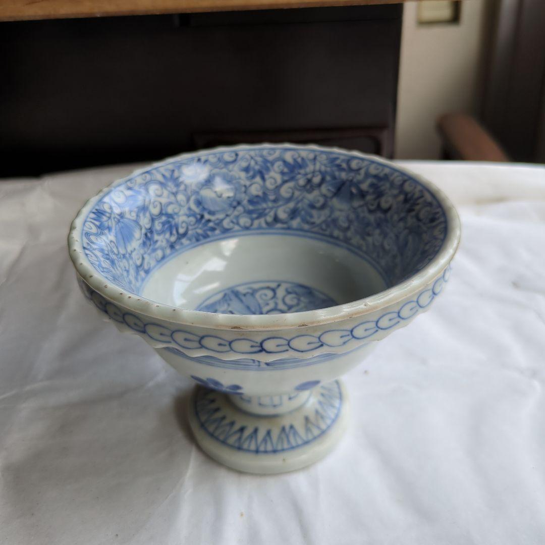 骨董 古伊万里 盃洗 線描き 染め付け 器 物入れ 花唐草 鉢 菓子器