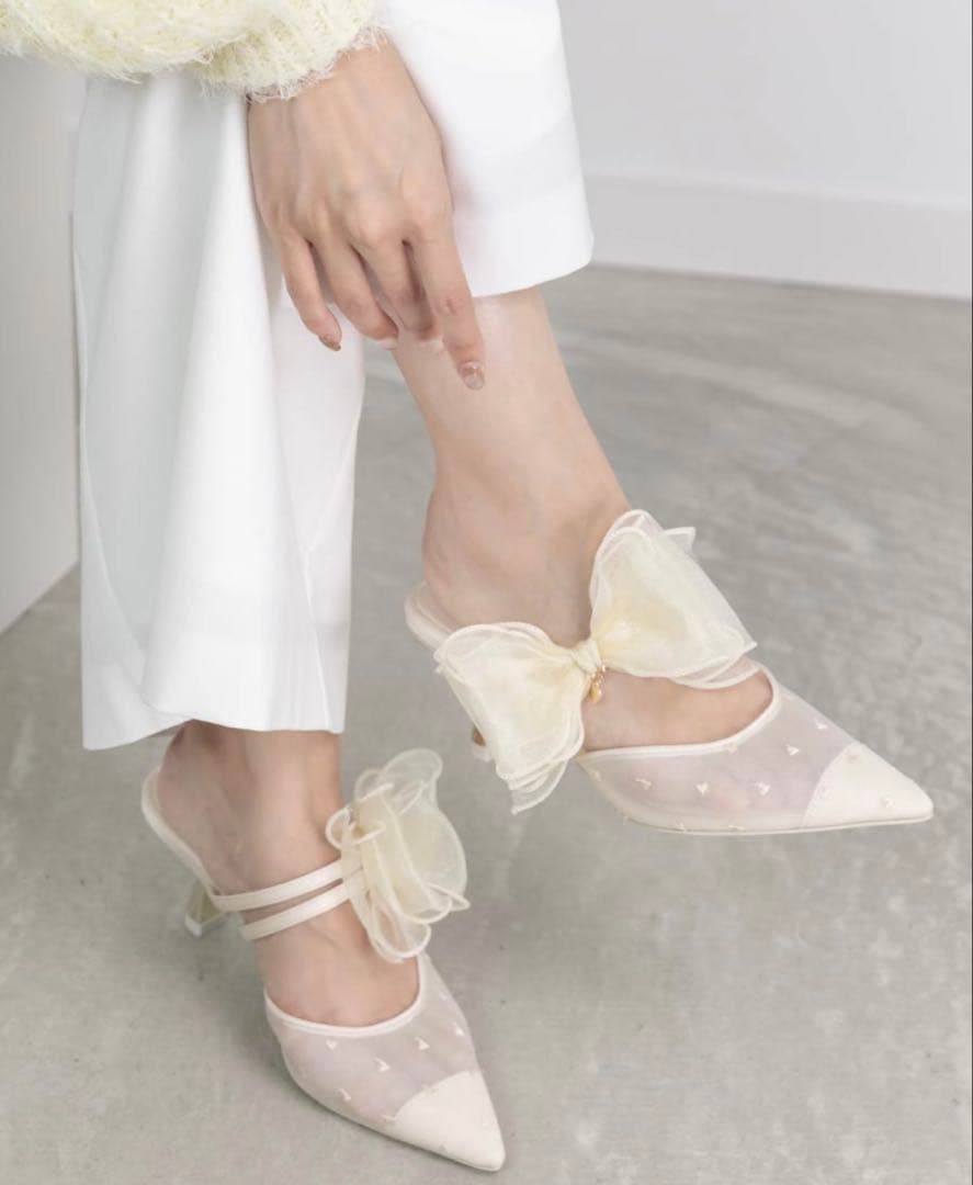 RANDA シフォンリボンハートミュールパンプス アイボリー　Lサイズ