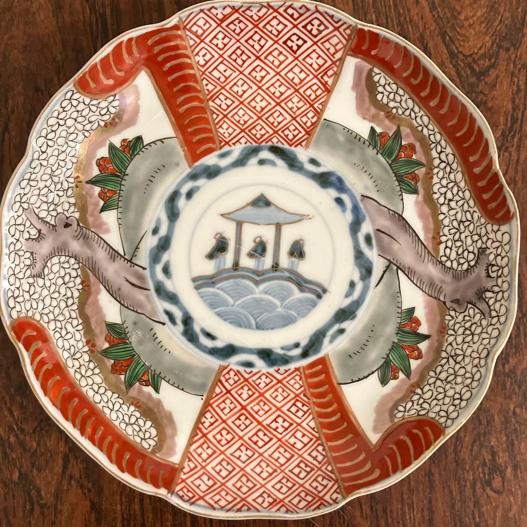 江戸後期〜明治初期｜古伊万里 7寸皿｜染錦 金彩色｜桜の木 唐人