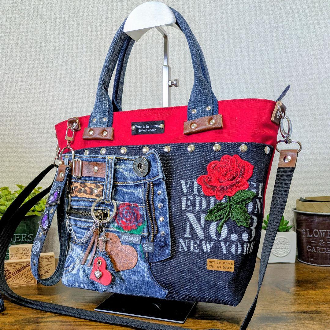 デニムリメイク 2wayトート｜薔薇刺繍×ステンシル・ポケットたくさん・底鋲付き