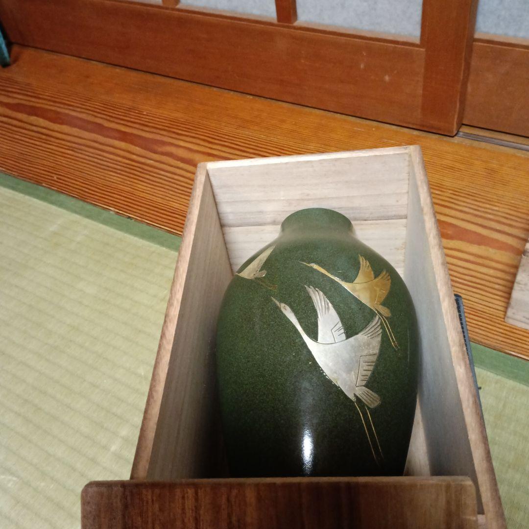 緑色の鶴模様の陶器花瓶 約29cm