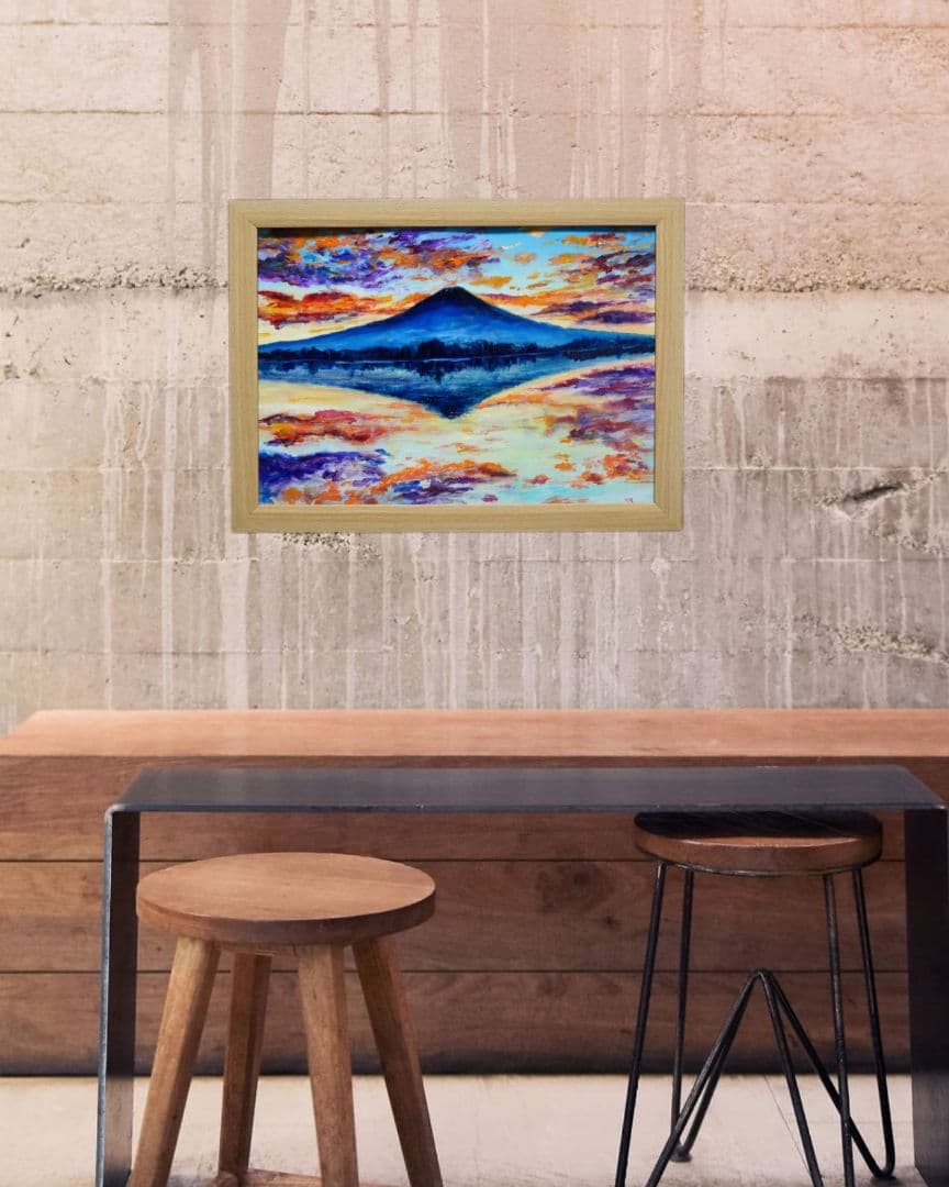 油絵 油彩 油彩画 絵 絵画 【水面に映る富士山】