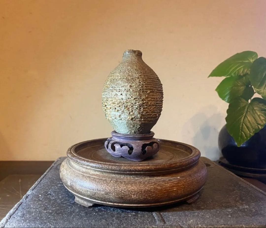 アンティーク　美品ブルナイ　小花器　極小唐木台座　３種・３点セット レア