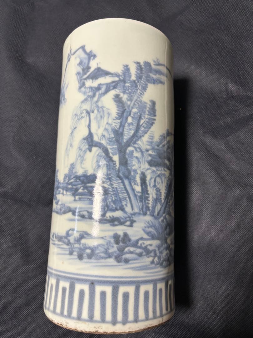 中国古美術 明清の時代　豆青釉　手絵青花花瓶　染付帽筒　筆筒　30cm