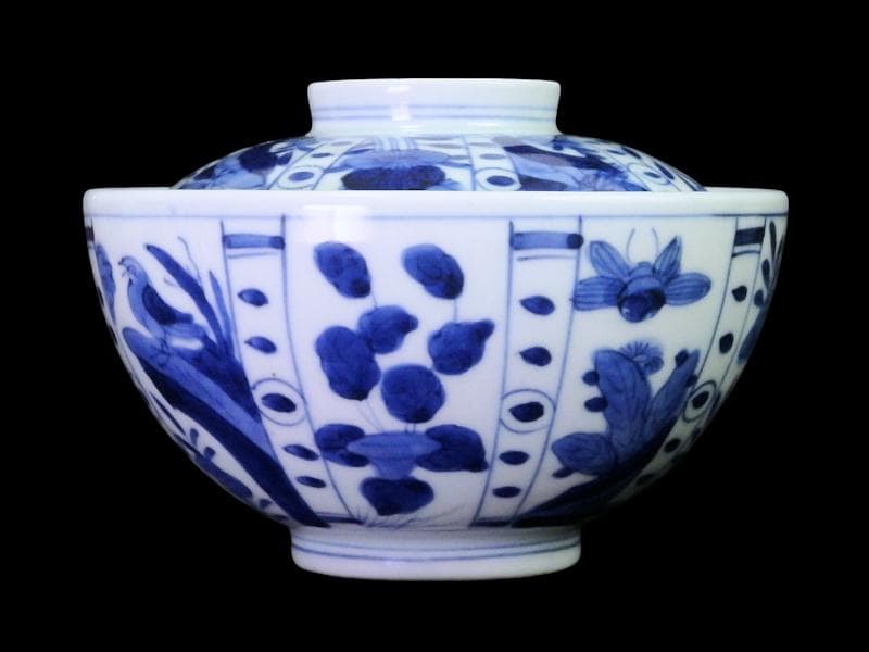 古伊万里　染付　芙蓉手　花鳥紋の図　大振蓋茶碗　F319AS-CXz