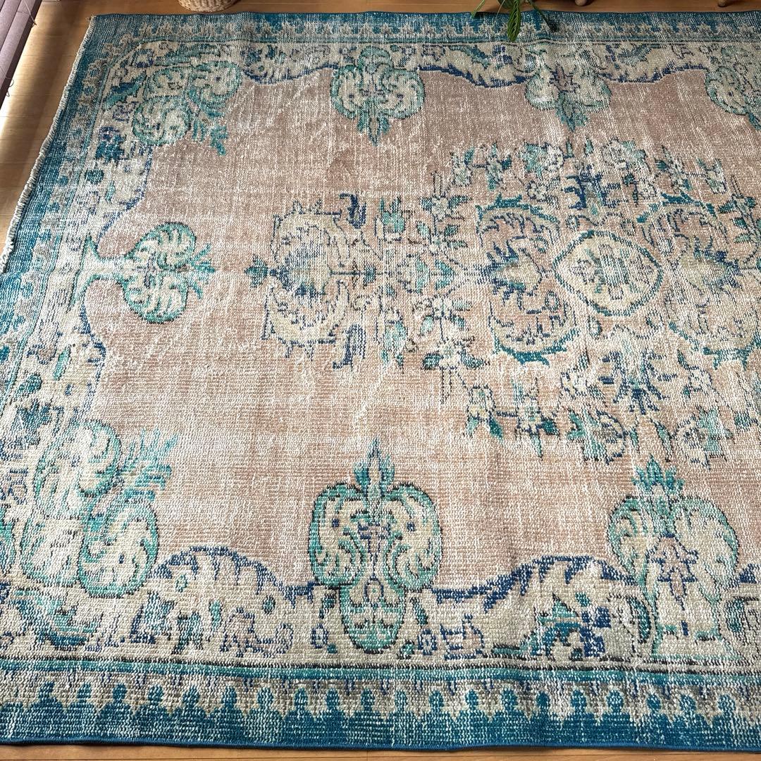 大判172×235淡いブラウンベージュ×ブルー　擦れトルコヴィンテージラグ