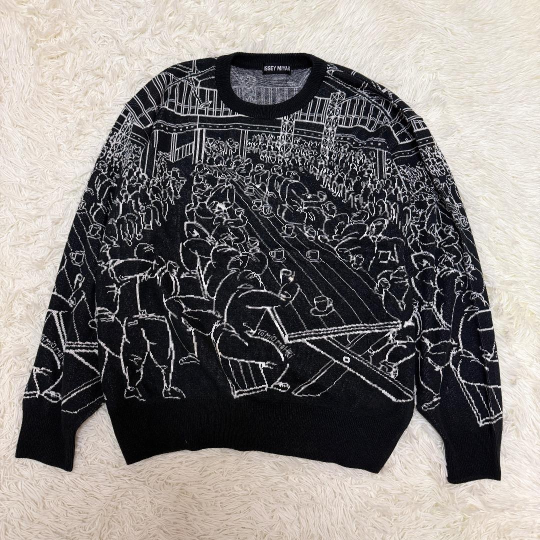 【希少】ISSEY MIYAKE 総柄ニットセーター ブラック　アートデザイン