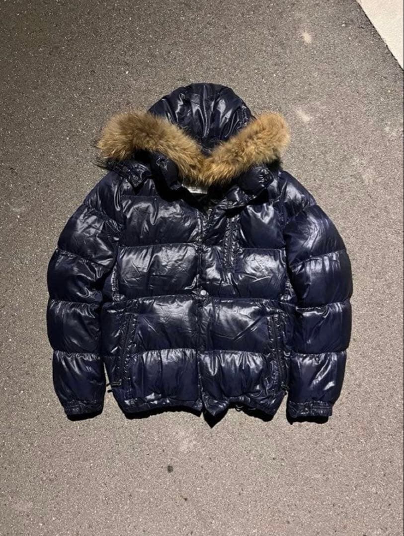 Y2K 00's平成 archive ファー付ダウンジャケット 光沢 ネイビー紫