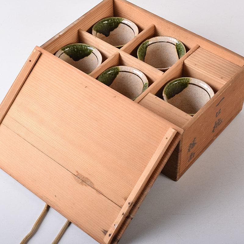 山口錠鐵作　瀬戸焼　絵織部　一口碗　五客　共箱　V　R8412