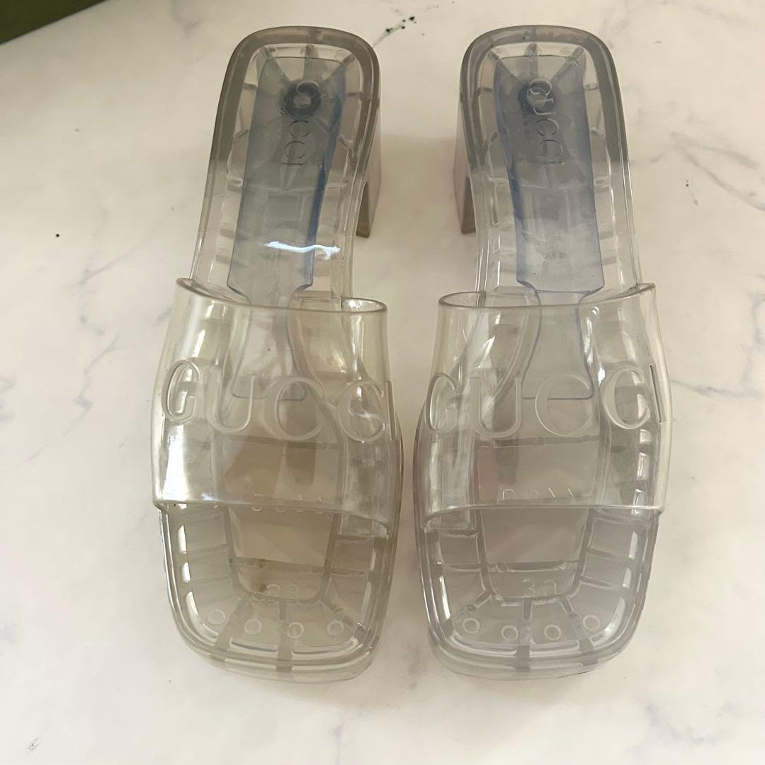 GUCCI クリア エンボスロゴ チャンキーヒール サンダル 39 保存袋 箱付