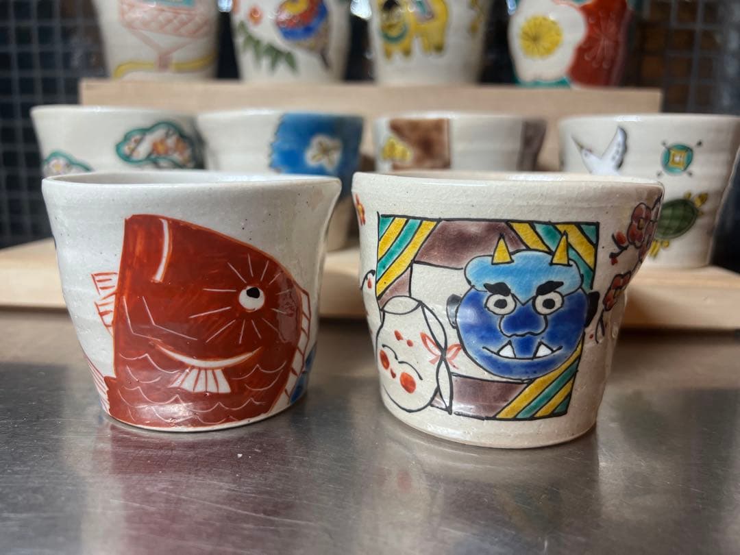 春夏秋冬 10点セット★希少 正月 季節の祝ごと 九谷焼 エクボ猪口 湯呑