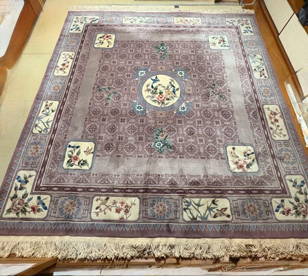 緞通　段通　絨毯　肉厚　花柄　房有　247cm× 250cm