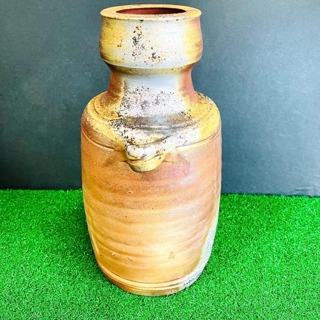 伝統工芸士 嶋幸博 備前焼 耳付花生 共箱 陶歴付き 登窯 骨董 焼き物 花瓶