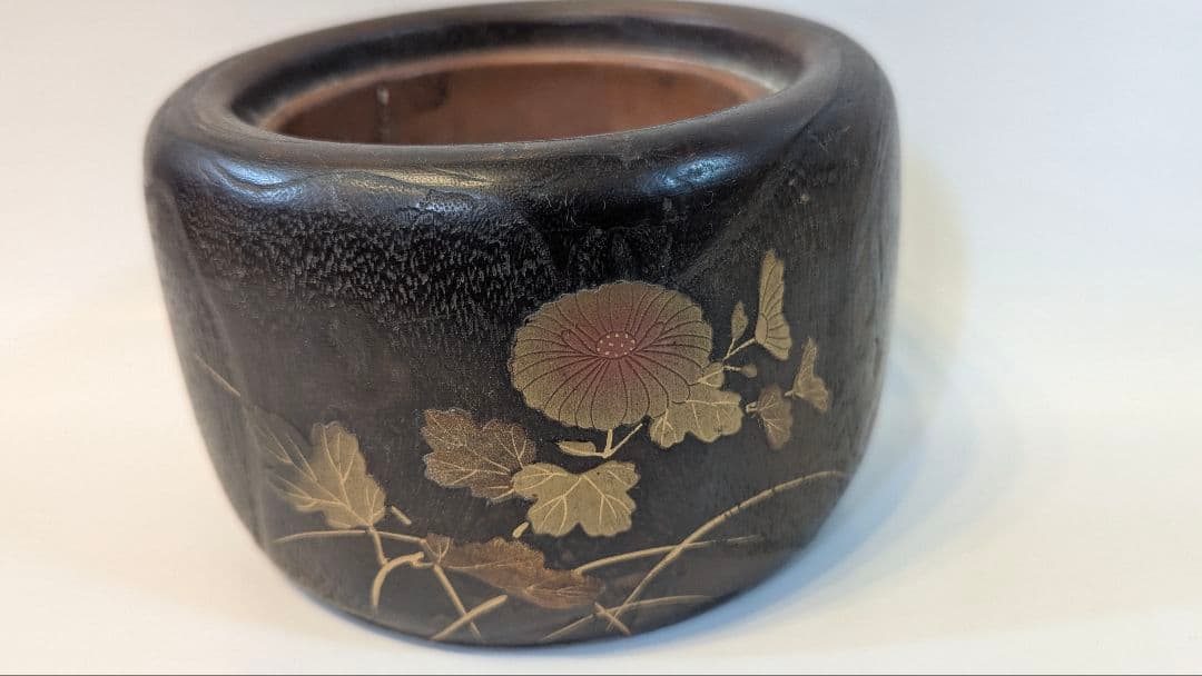 時代物　小型手あぶり火鉢　一刀彫 蒔絵　古道具　アンティーク　骨董　天然木