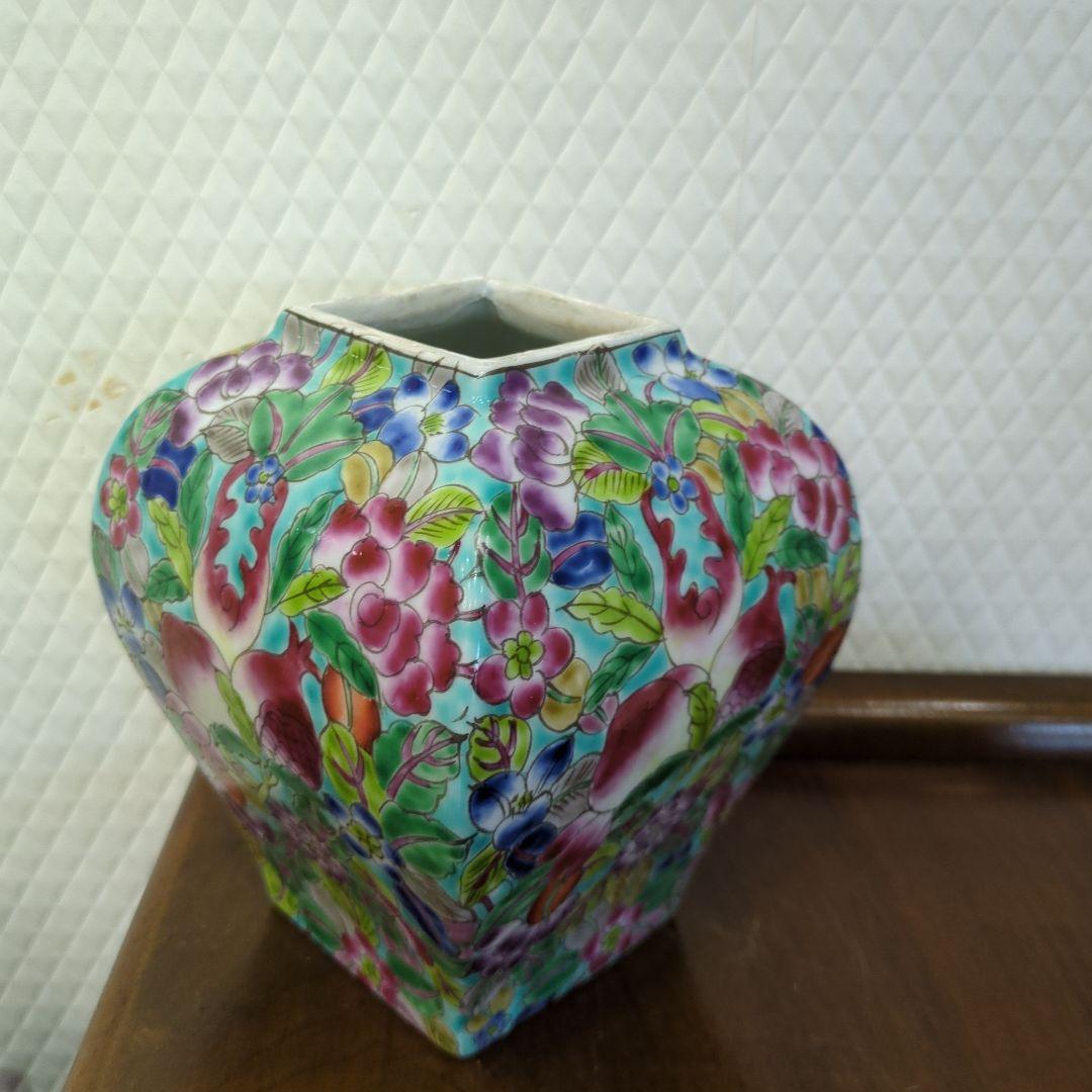 レトロ　中国　陶器壺　蓋付き　飾り壺　入れ物　陶器　花尽くし