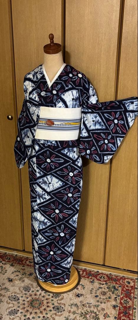 有松鳴海絞り　レトロ　巻き上げ絞り 藍染　花菱　ゆったりサイズ 半幅帯プレゼント